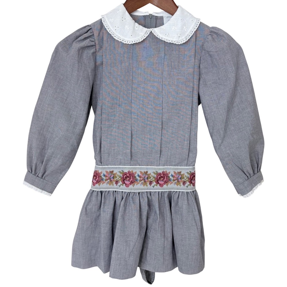 VTG Youngland Dress Girls 6X Grey Excellent Floral Tapestry Matilda Lace Collar